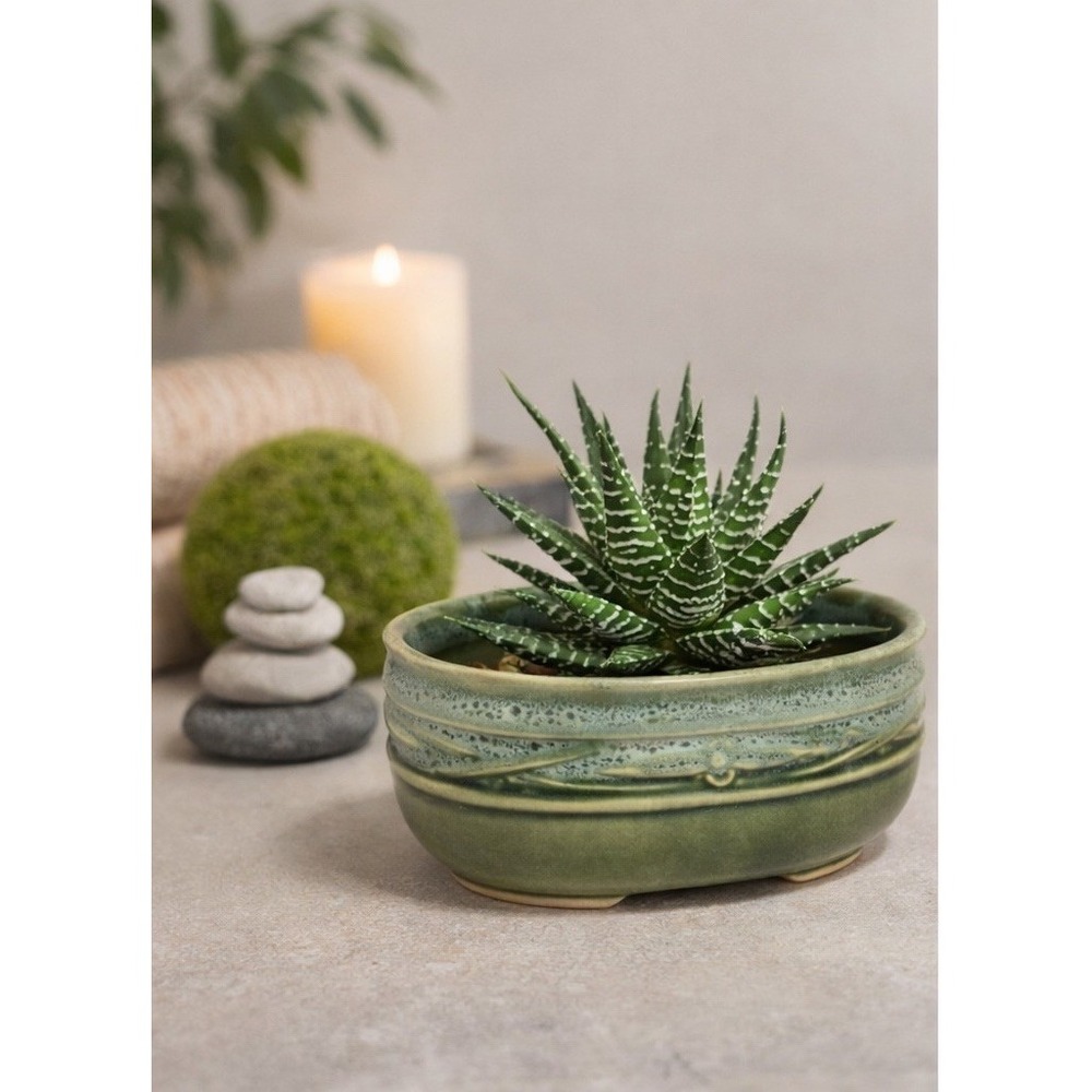 Vintage Studio Pottery Dip-Glazed Green Oval Planter Bonsai Bowl Hand Thrown